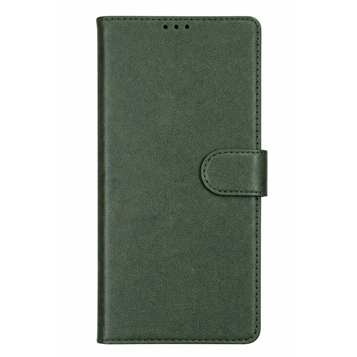 Dokulu yüzeyli, koyu yeşil bir telefon kılıfı, üstte üç küçük dairesel kesik ve sağ tarafta manyetik bir klips bulunuyor.