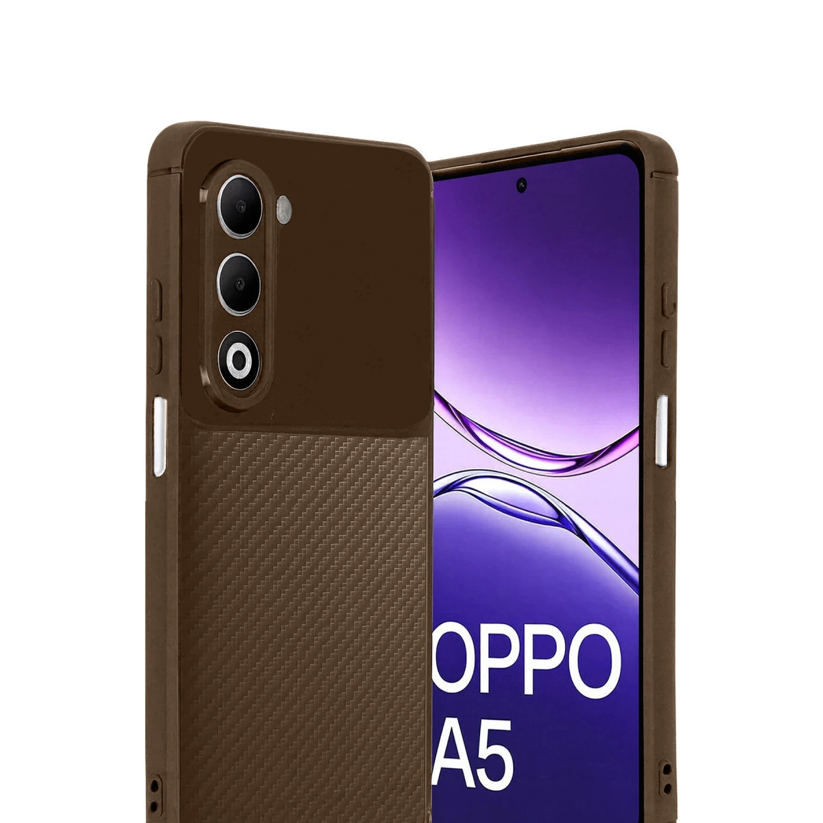 Karbon desenli kahverengi telefon kılıfı ve üç kamerası, OPPO A5 akıllı telefonun yanında.