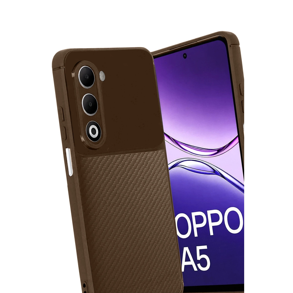 Karbon desenli kahverengi telefon kılıfı, OPPO A5 ekranlı bir akıllı telefonun yanında.