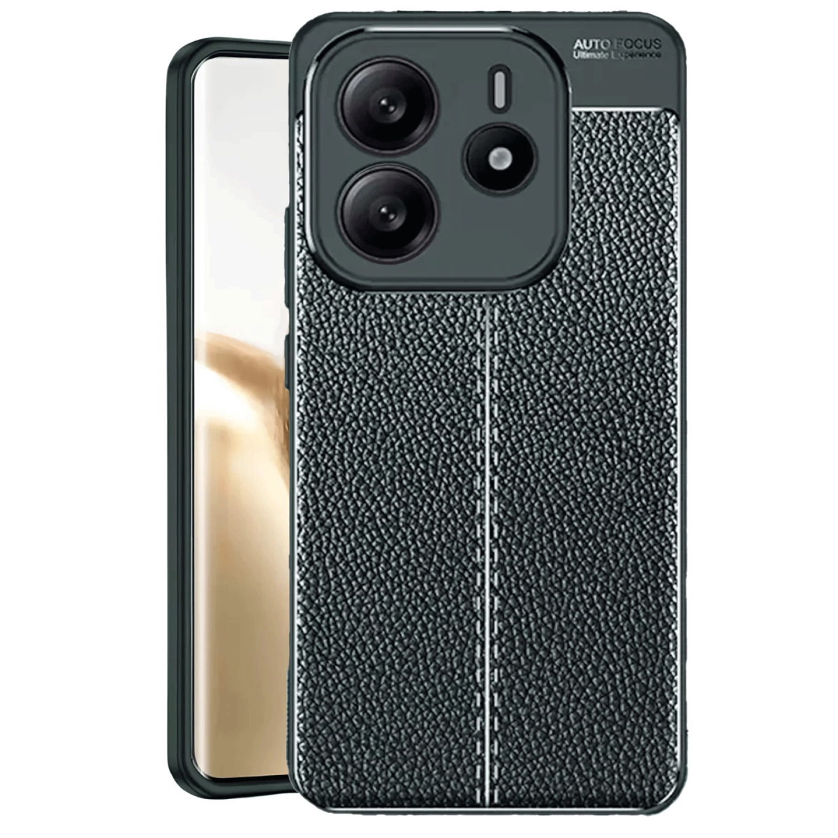 Doku edilmiş deri kılıflı ve üç kamera lensli siyah telefon.