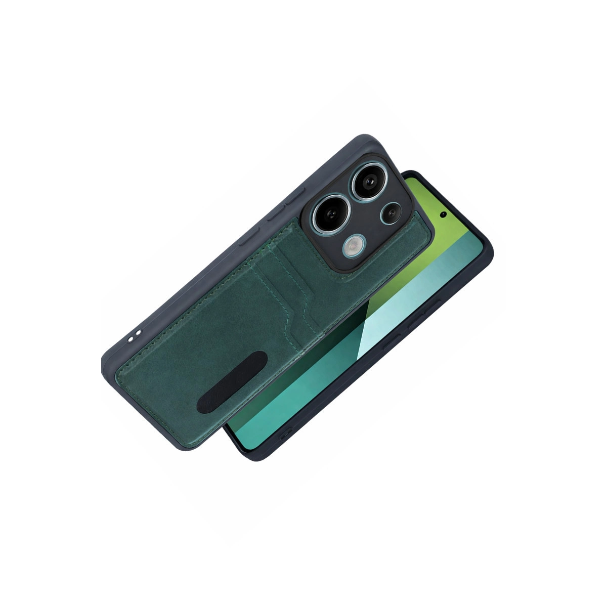 Kamera modülü ve kart tutuculu koyu yeşil telefon.