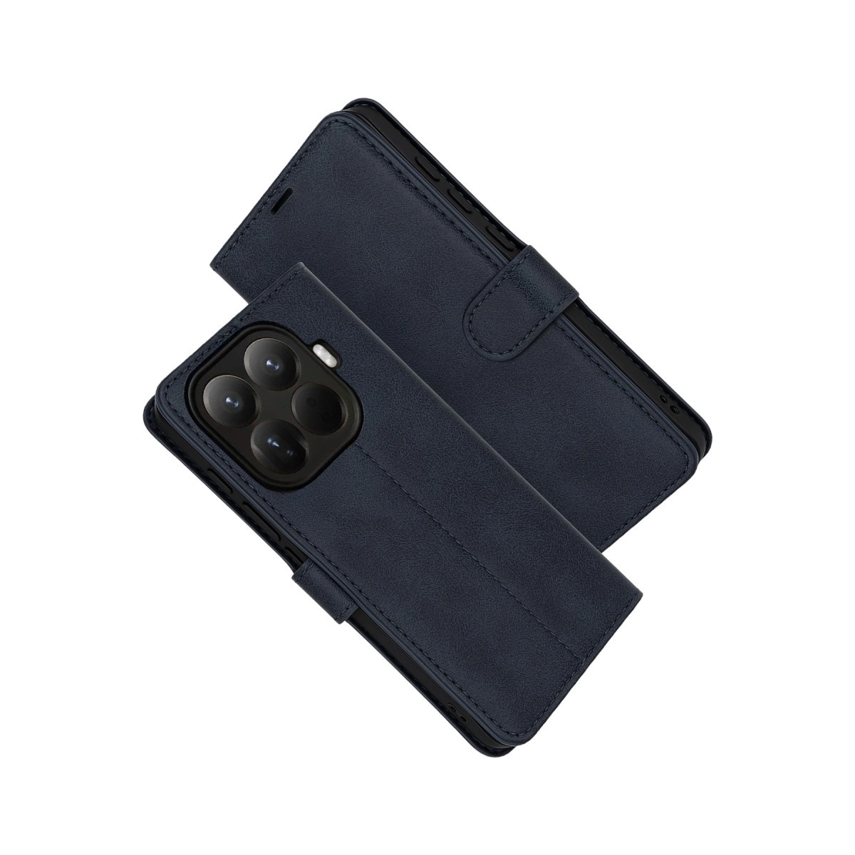 Üç kamera lensli, kapaklı lacivert telefon kılıfı.