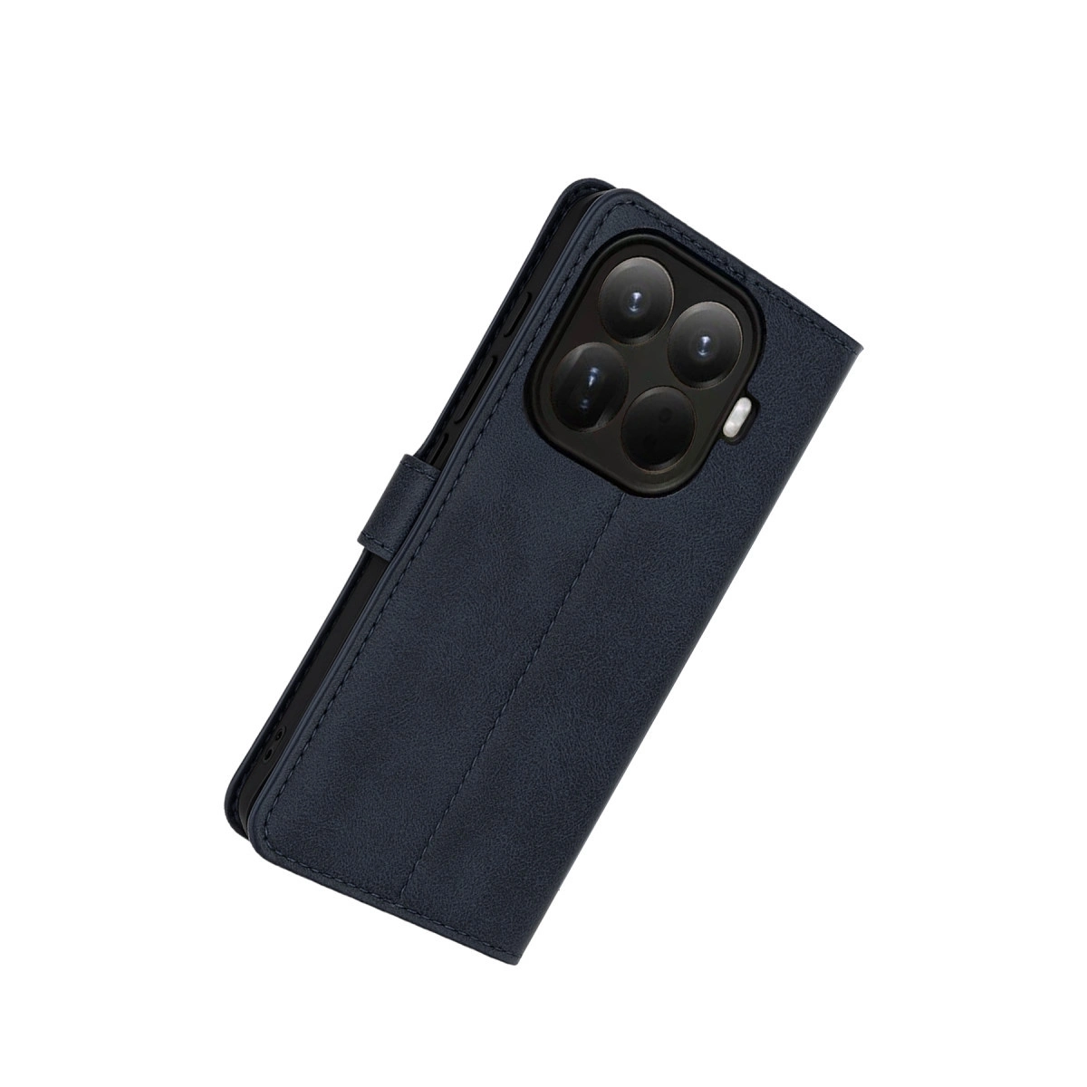 Üç kameralı, kapaklı lacivert telefon kılıfı.