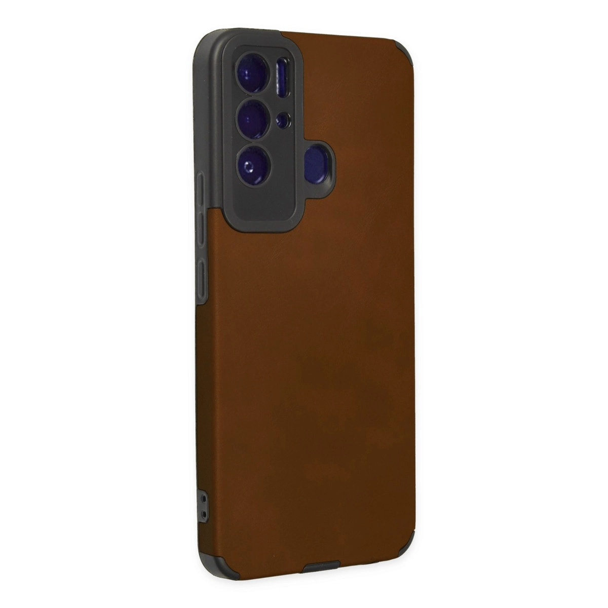 Siyah kamera modüllü ve düğmeli kahverengi telefon kılıfı.