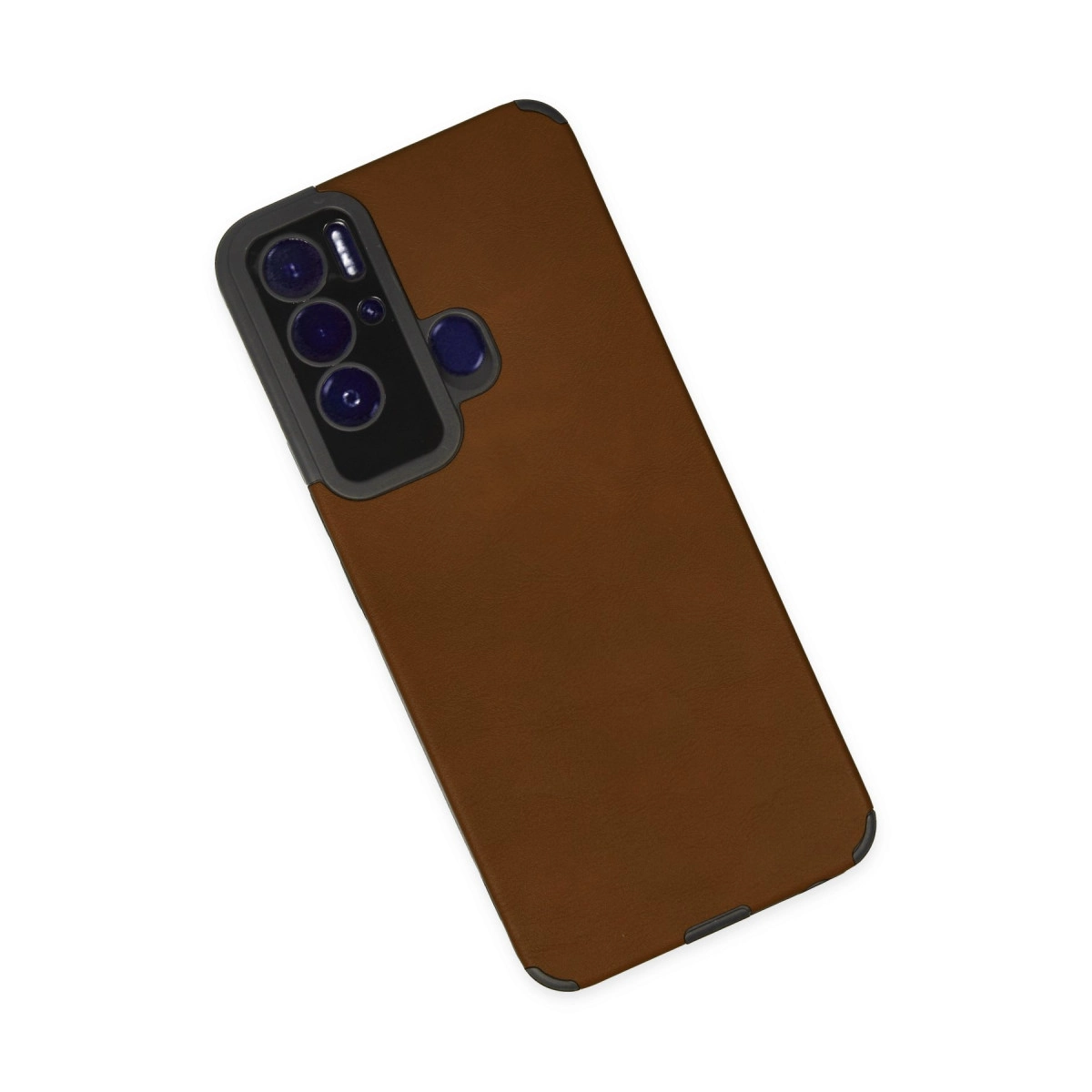 Çoklu lens ve flaşlı kamera modülüne sahip kahverengi telefon kılıfı.