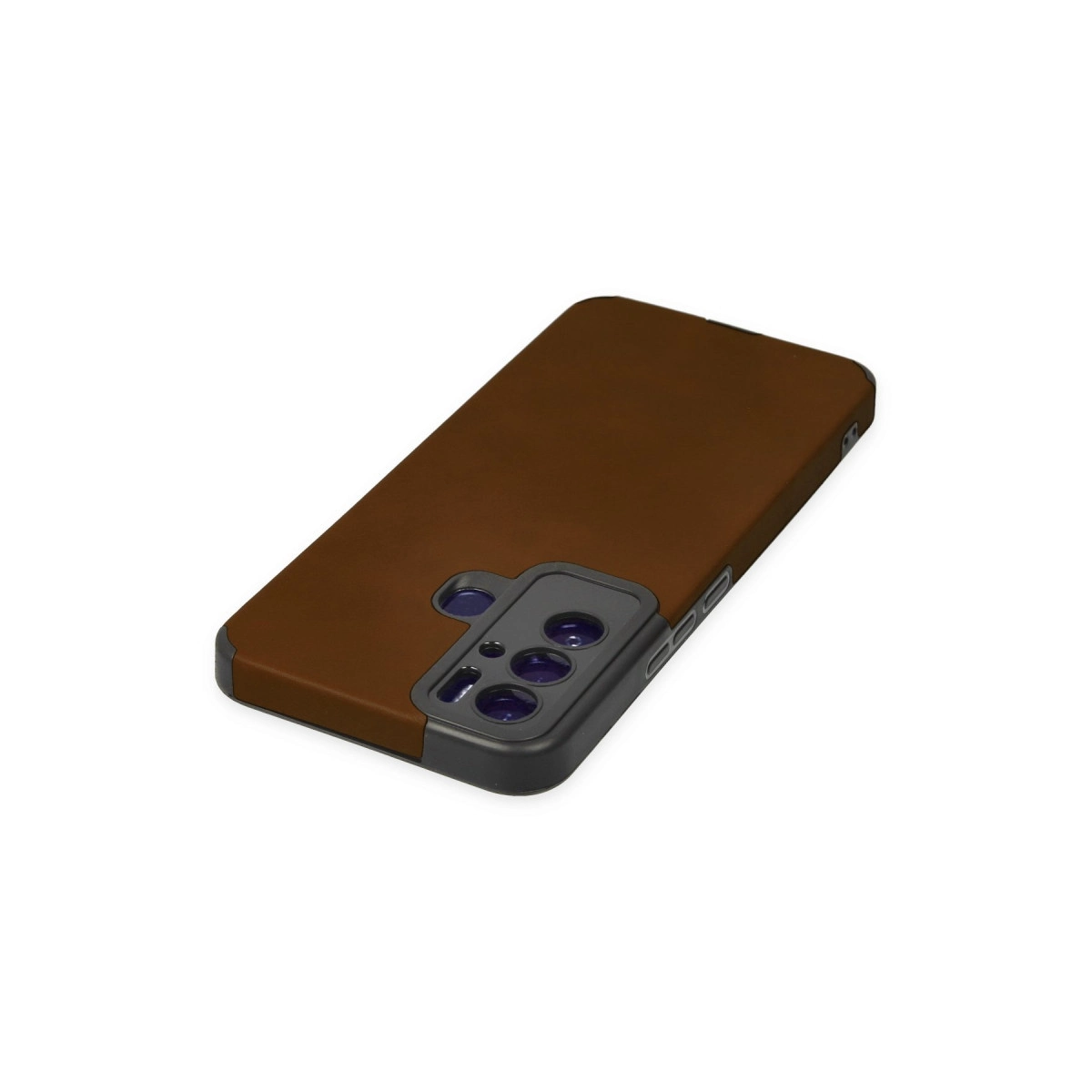 Siyah kamera çevreli kahverengi telefon kılıfı, beyaz zeminde.