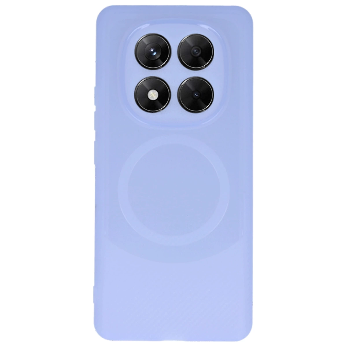 Dört kamera lensli ve dairesel manyetik halkalı lavanta rengi telefon kılıfı.