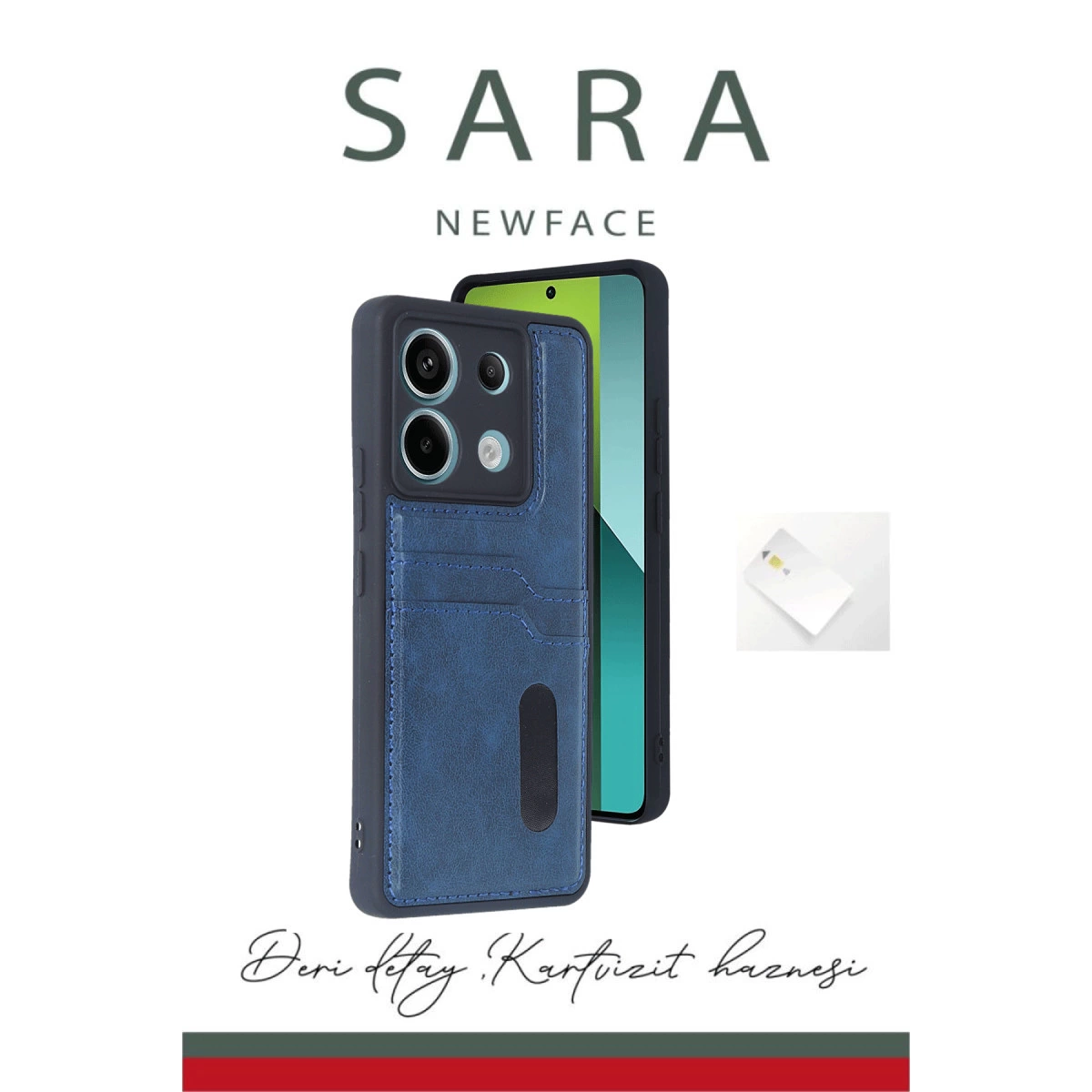 Kart yuvalı ve SIM kartlı mavi telefon kılıfı beyaz arka plan üzerinde.