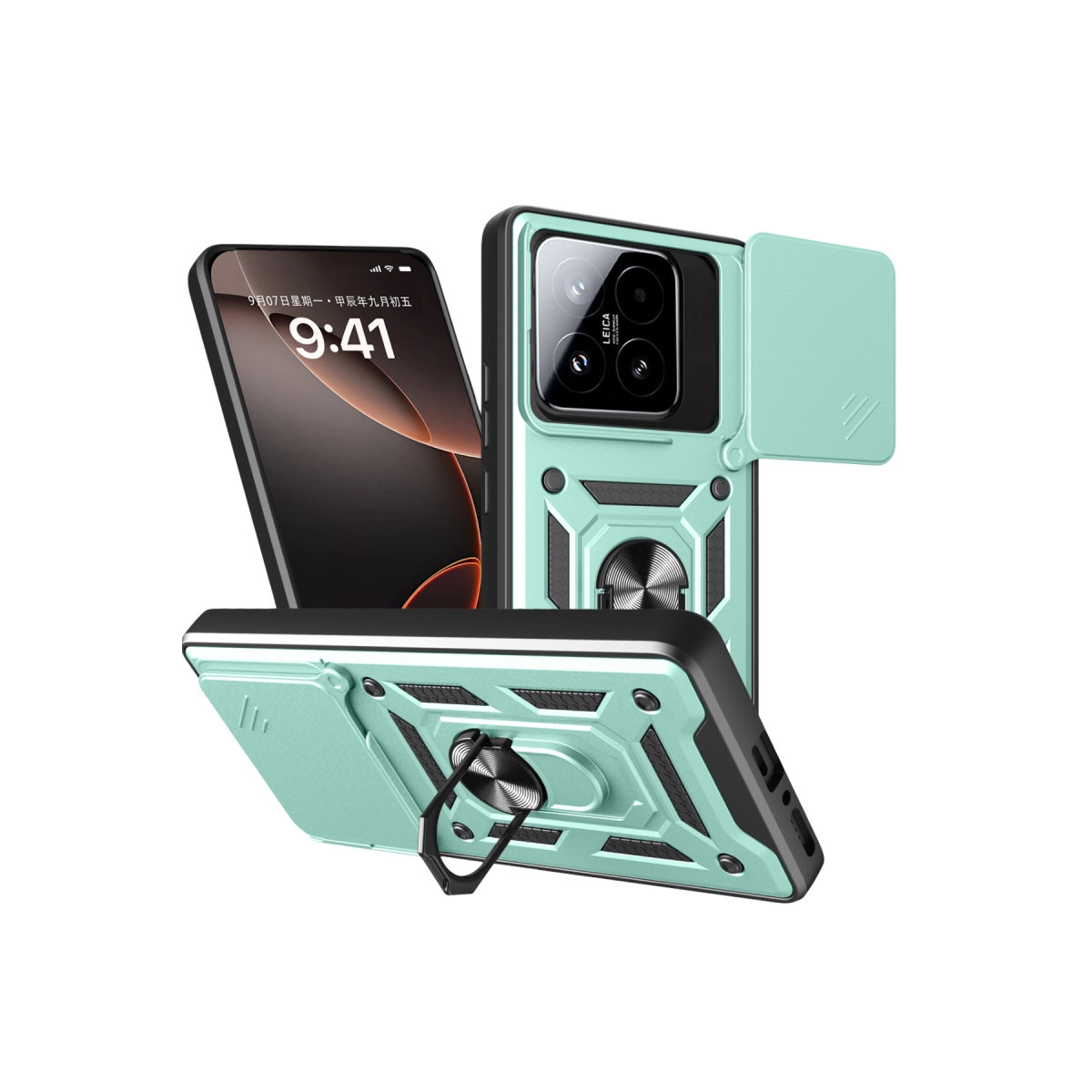 Halka tutuculu ve kamera kapaklı yeşil telefon kılıfı, bir telefonun yanında.
