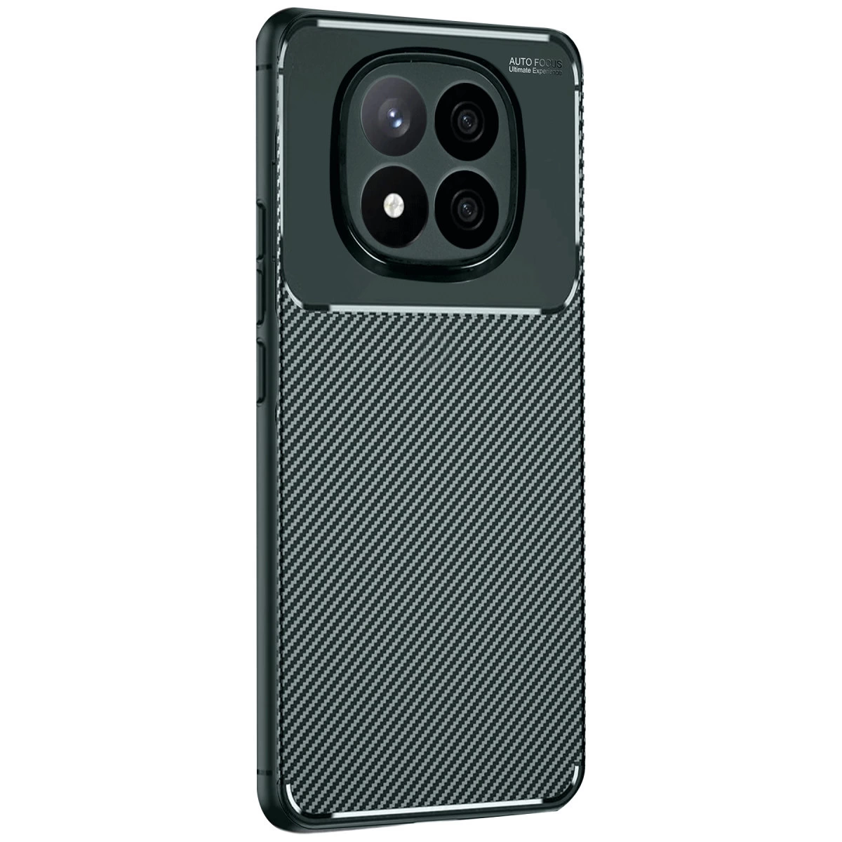 Karbon desenli, dörtlü kamera oyuntulu koyu gri telefon kılıfı.