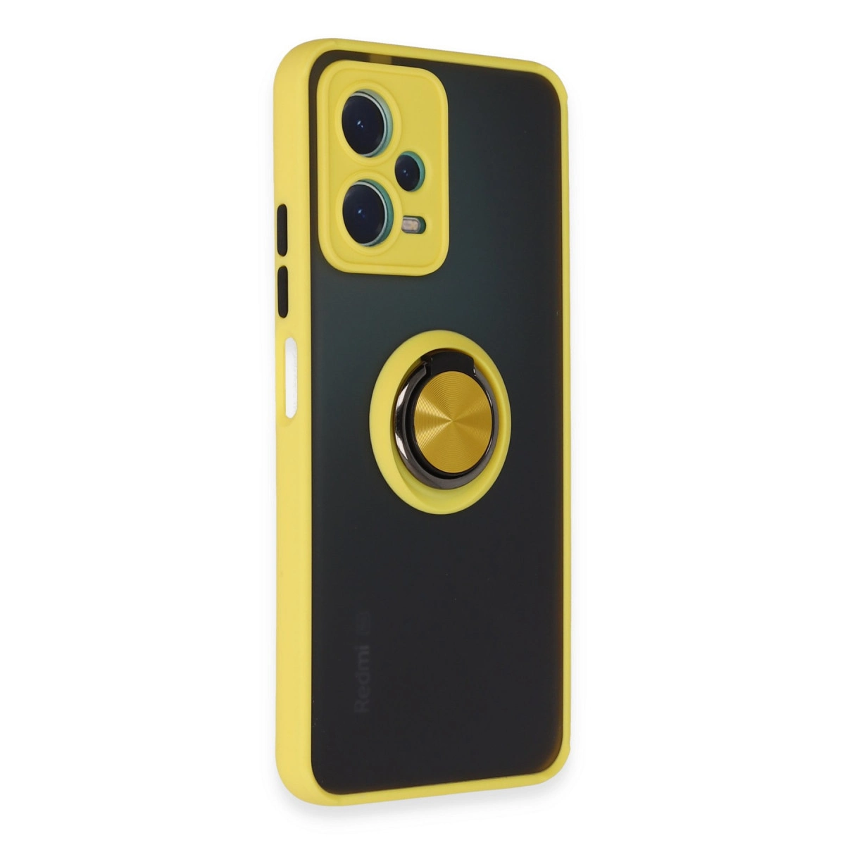 Sarı kenarlı ve kamera halkalı siyah telefon kılıfı.