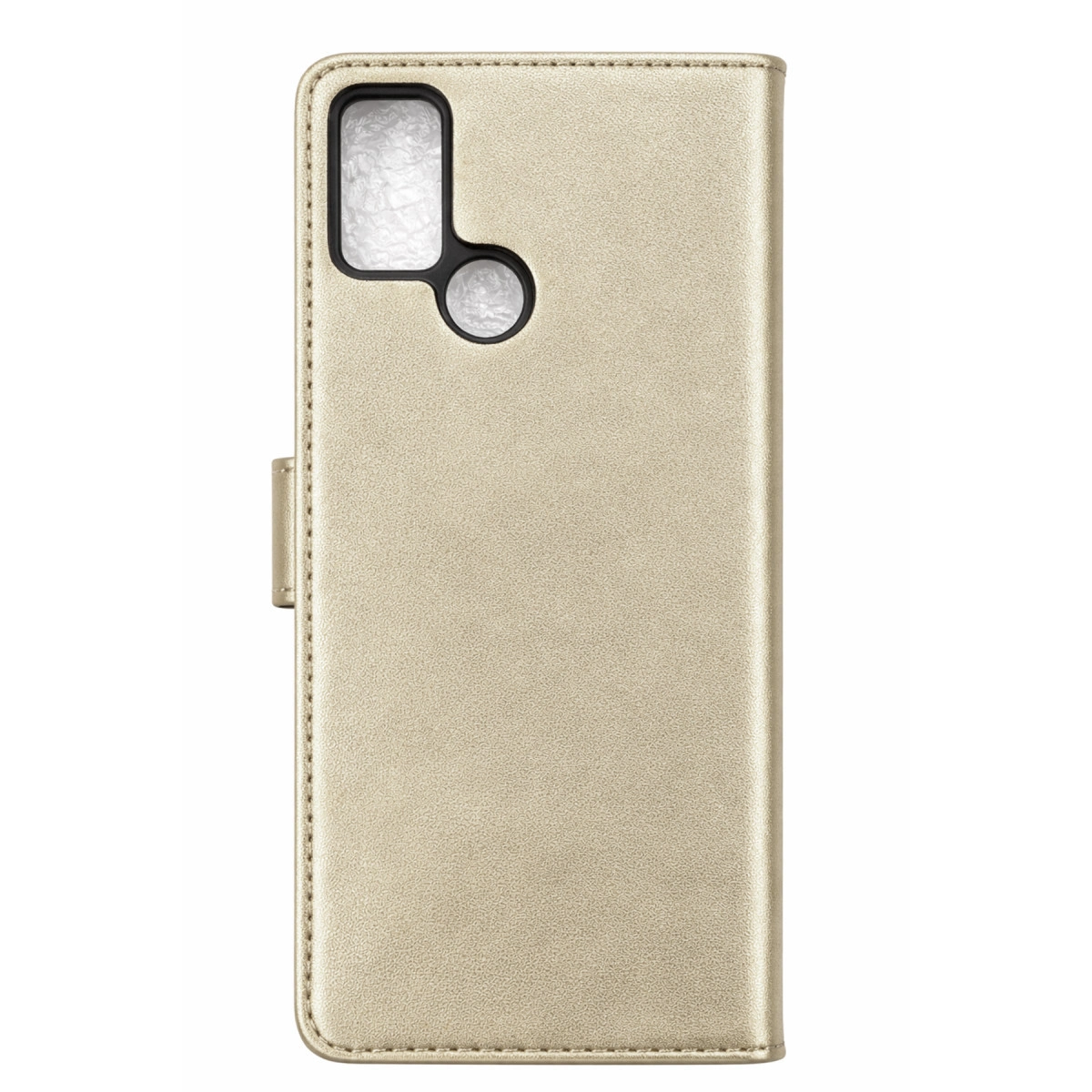 Kamera kesimli ve dikiş detaylı altın rengi telefon kılıfı.