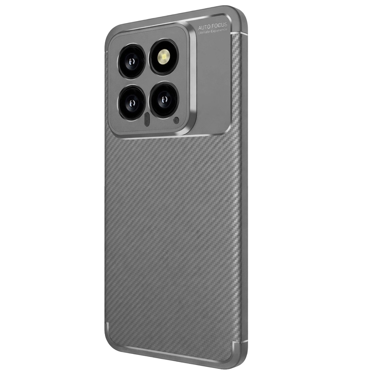 Dört kameralı, karbon fiber desenli gri telefon kılıfı.