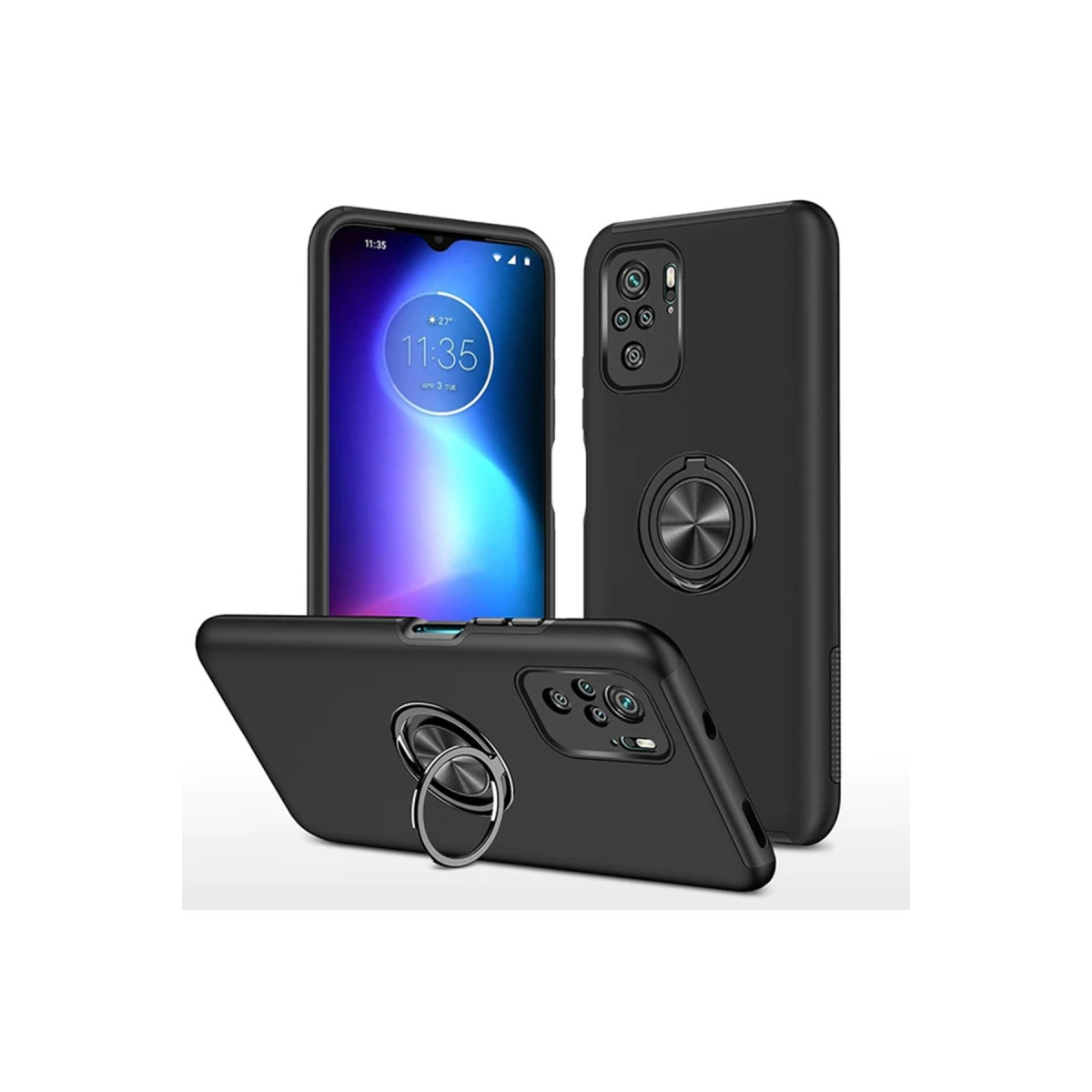 Halka tutuculu üç siyah telefon kılıfı, biri ekranlı.