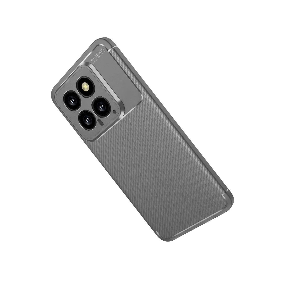 Karbon fiber desenli gri telefon kılıfı ve kamera lensleri.