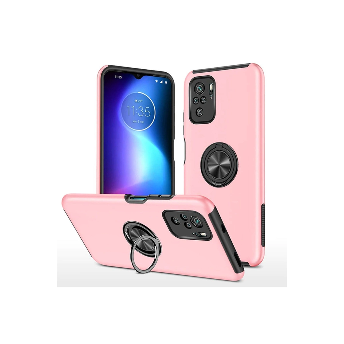Halka tutuculu ve kamera kesimli pembe telefon kılıfı, biri ekranda