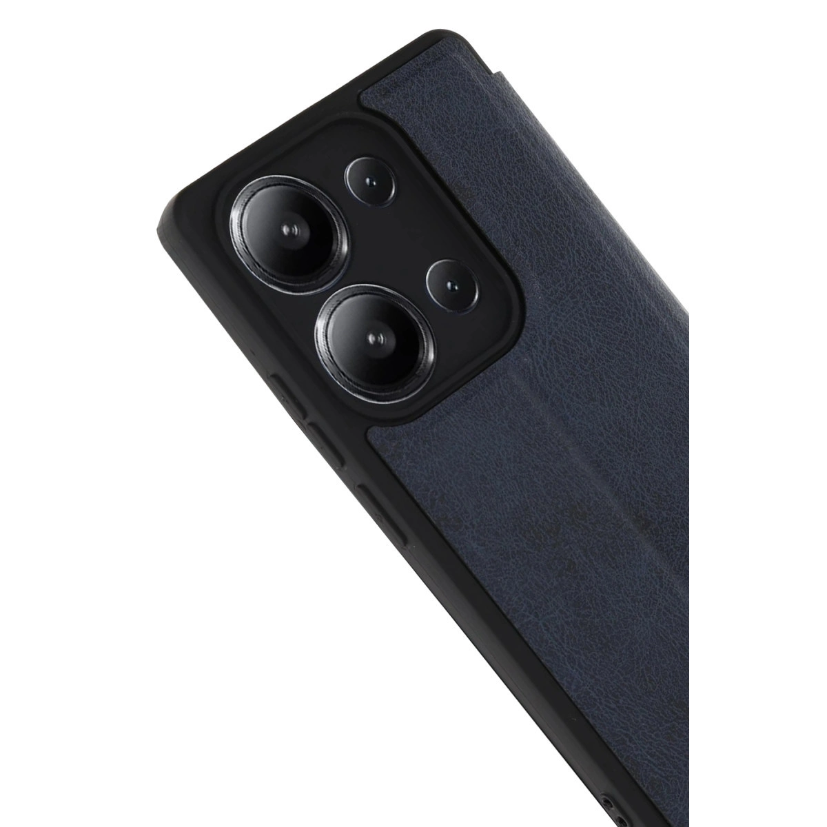 Üç kamera lensli, dokulu koyu mavi telefon kılıfı.
