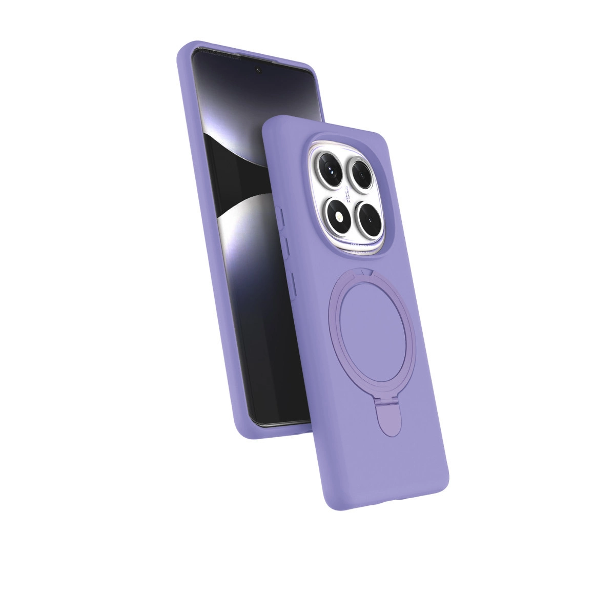Telefon üzerinde entegre halka ve kamera yuvası bulunan mor telefon kılıfı.