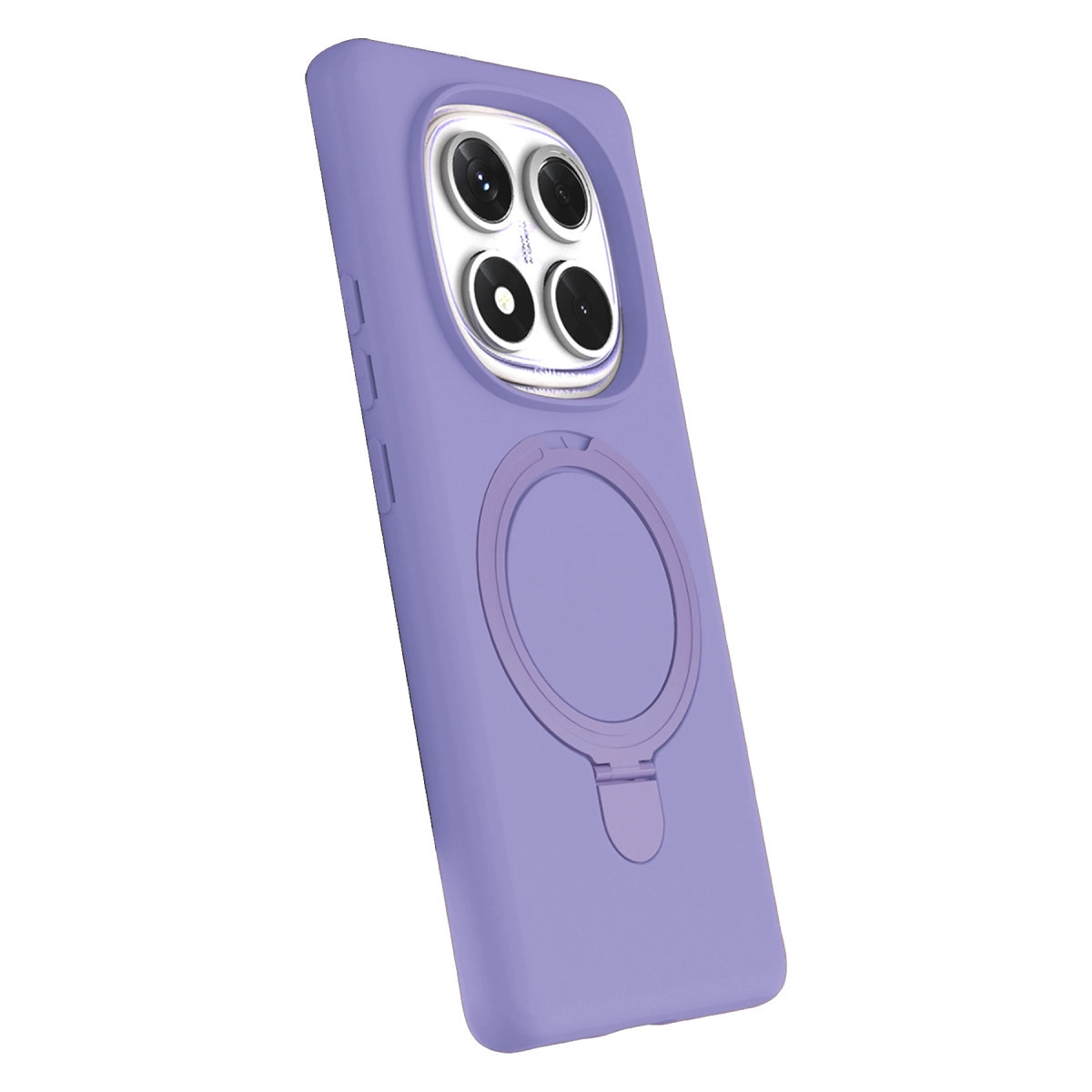 Mor telefon kılıfı, halka tutucu ve kamera lens kesimi, beyaz arka plan.