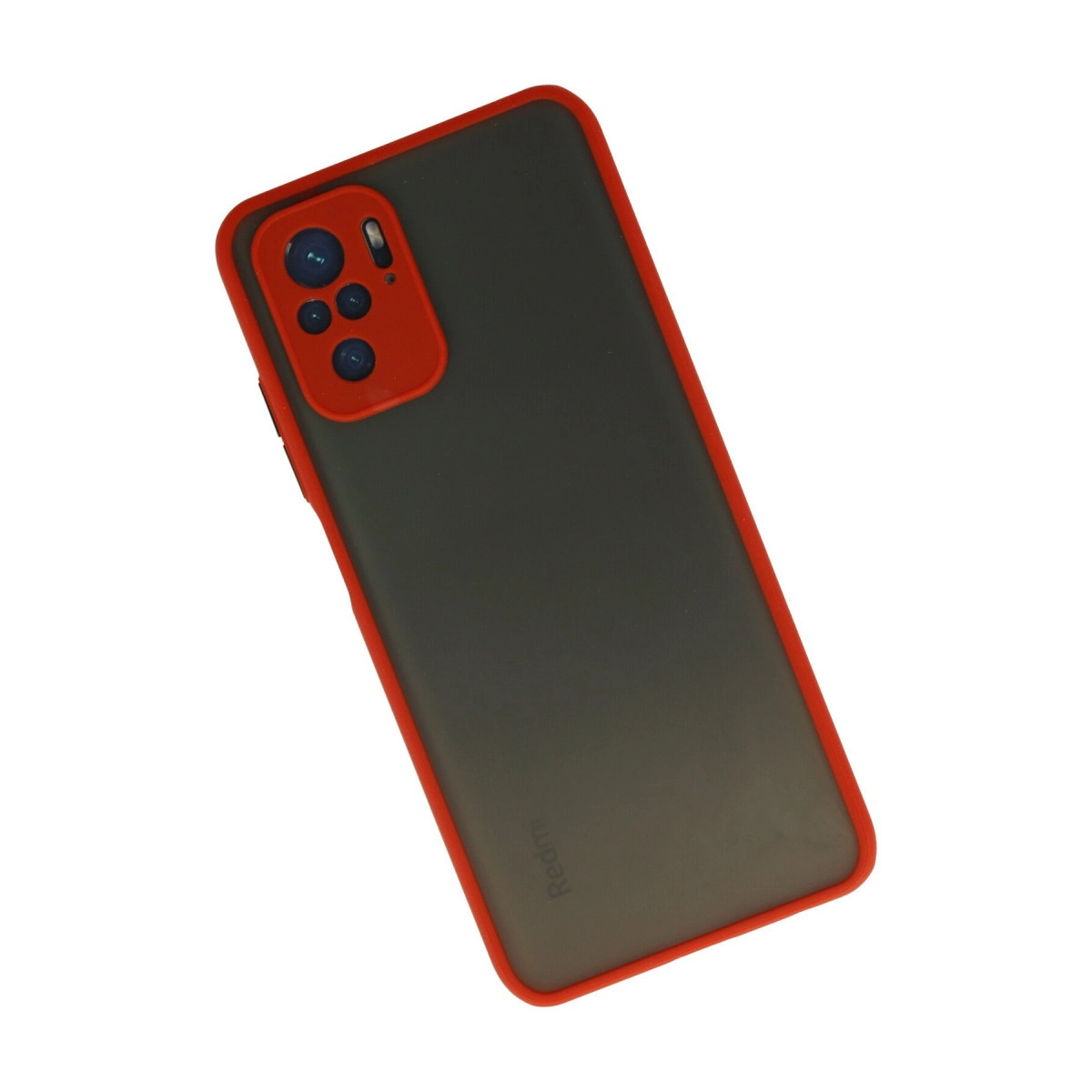 Kırmızı kenarlı ve kamera alanlı gri telefon kılıfı. Redmi logosu görünür.