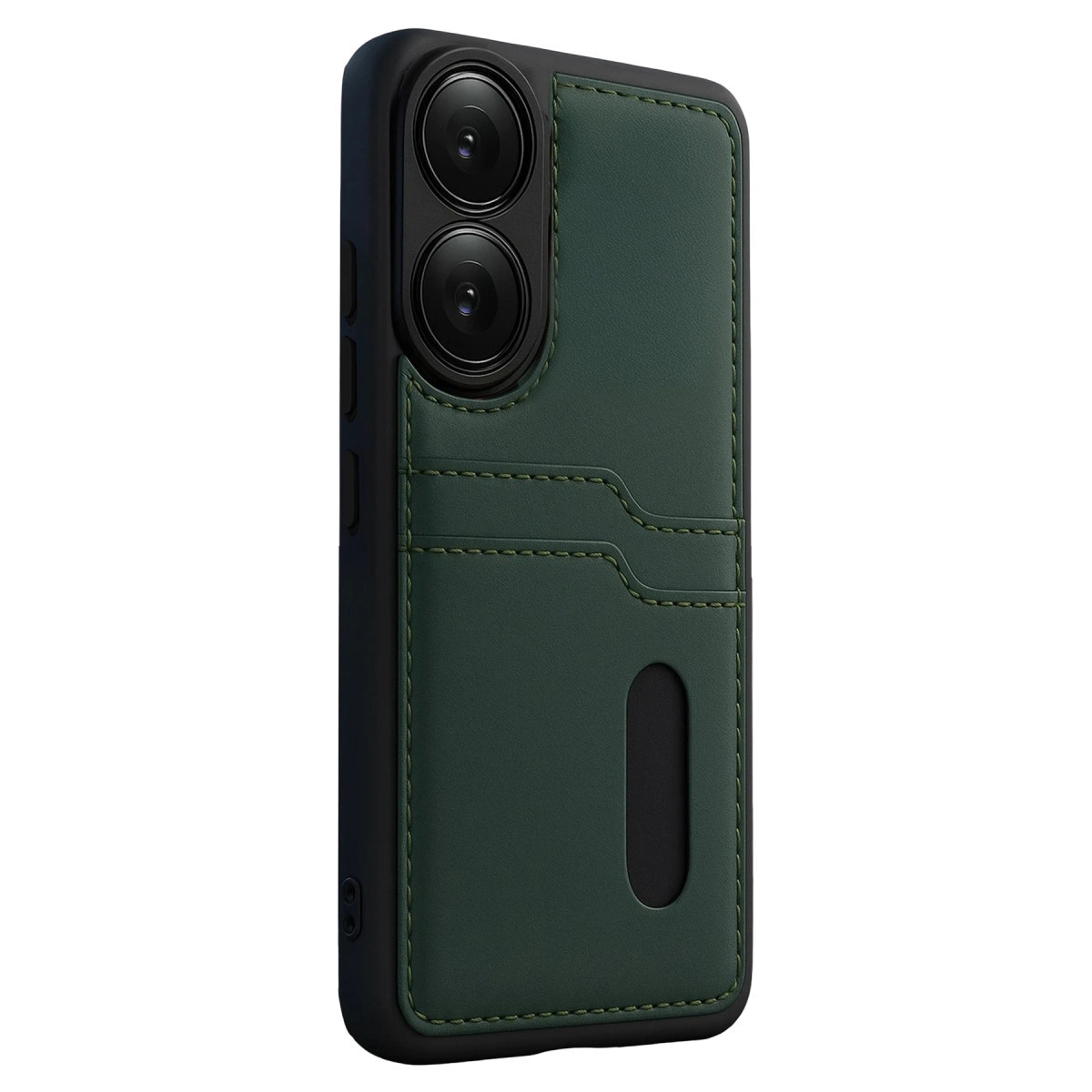 Koyu yeşil telefon kılıfı, kart yuvaları ve iki kamera lensi.