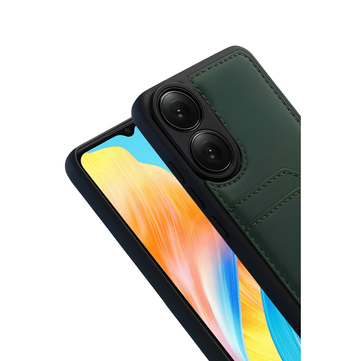 Çift kameralı ve kart yuvalı koyu yeşil telefon kılıfı.