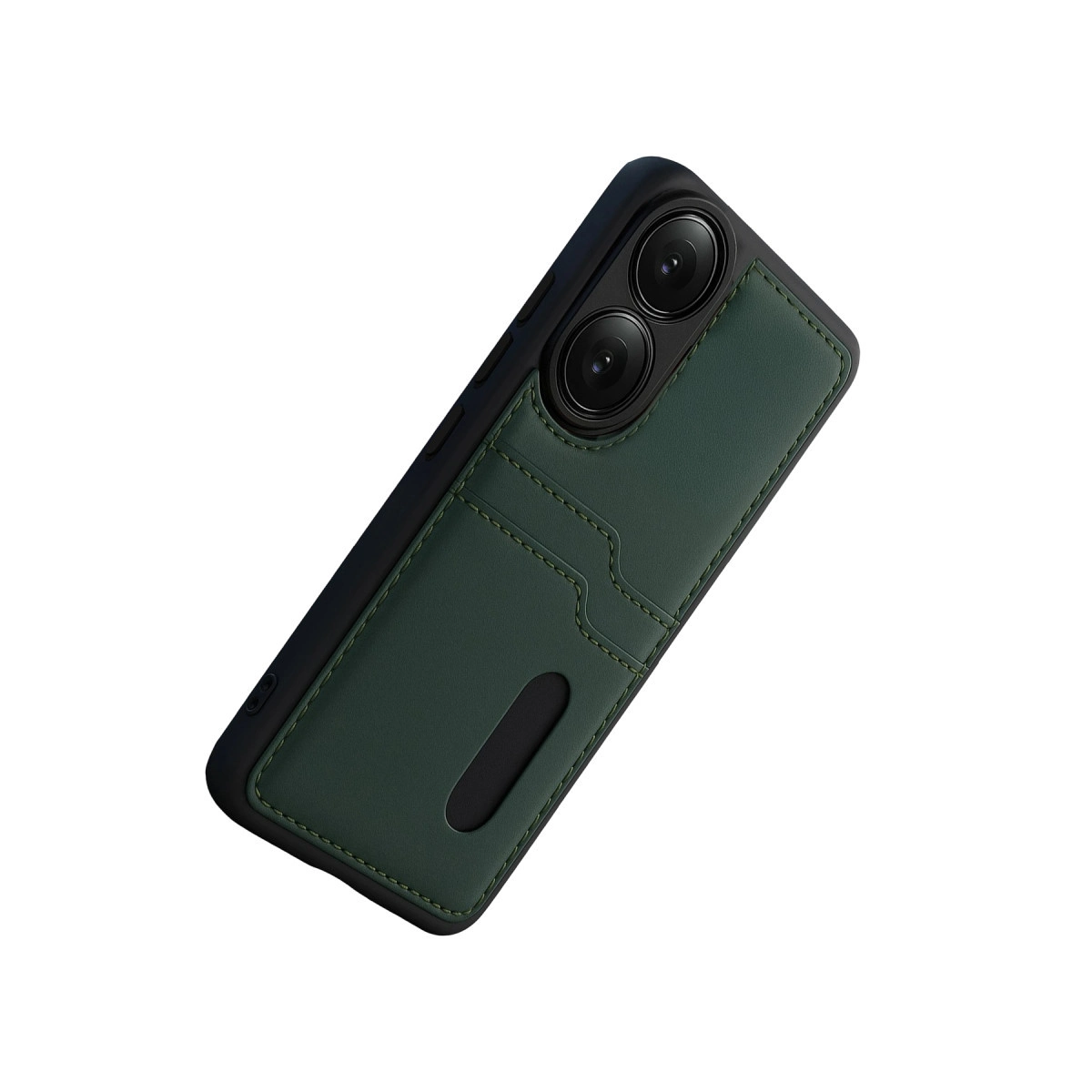 Kart yuvalı ve iki kamera lensli koyu yeşil telefon kılıfı.