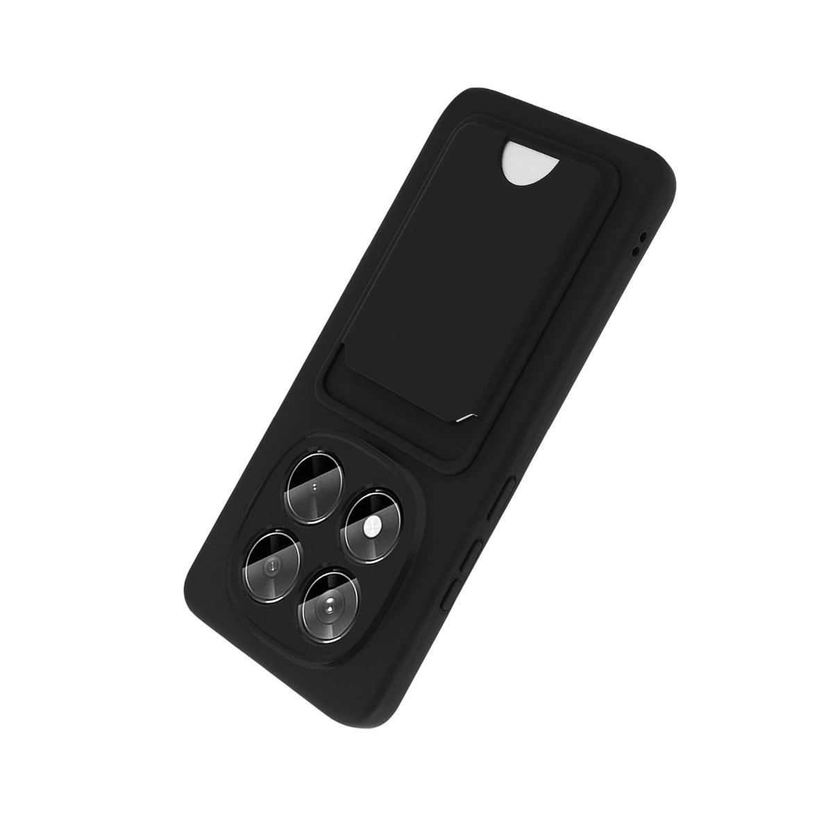 Dört kamera lensli ve kart yuvalı siyah telefon kılıfı.