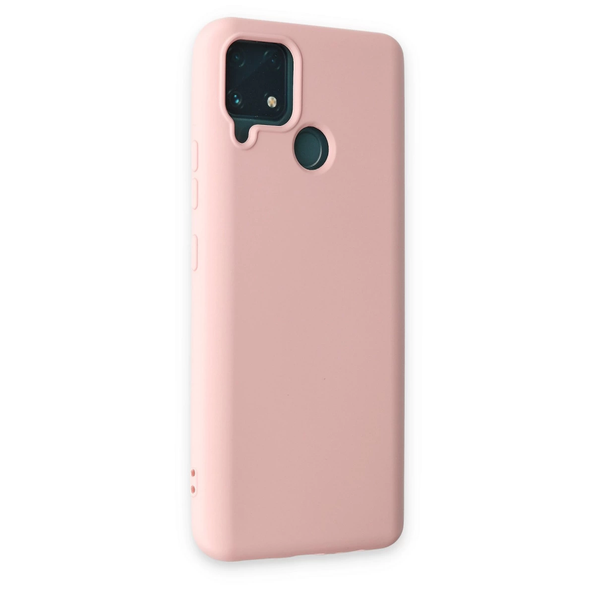 Dikdörtgen kamera modülü kesimine sahip pembe telefon kılıfı.