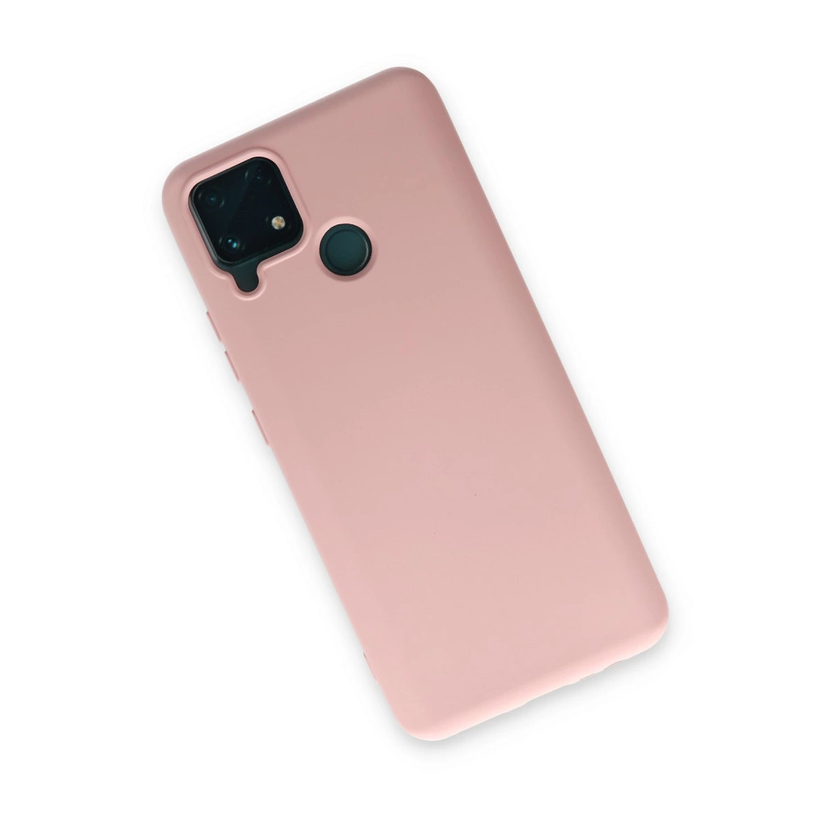 Kamera ve parmak izi sensörü oyuklu pembe telefon kılıfı beyaz zeminde.