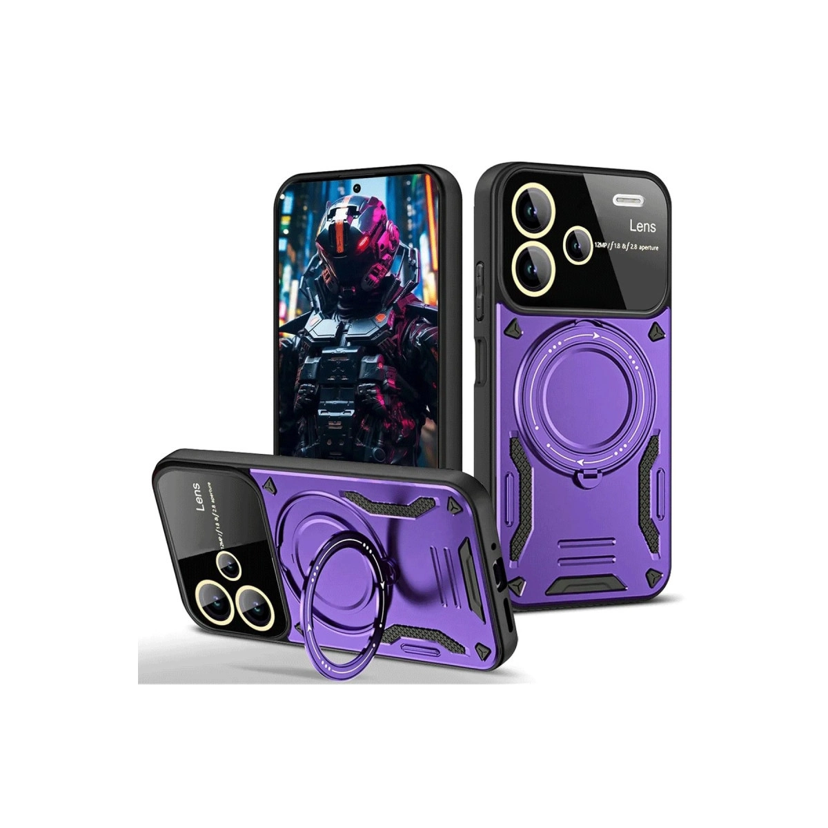 Halka tutuculu ve kamera lens tasarımlı mor telefon kılıfı.