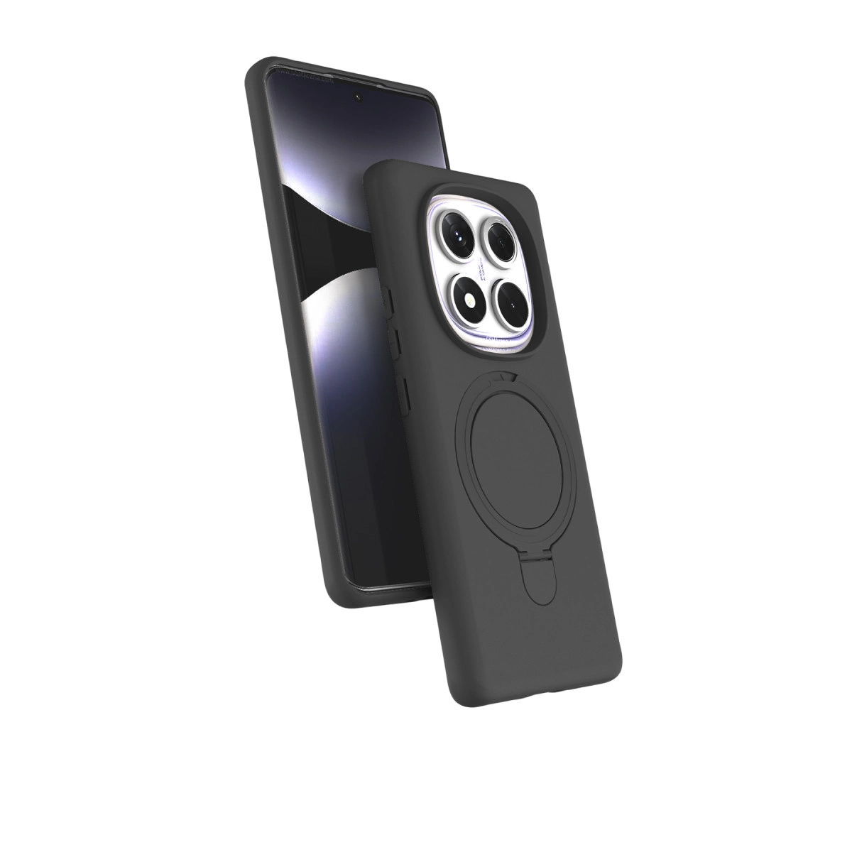 Arkada halka tutucu bulunan siyah bir telefon ve kılıfı.