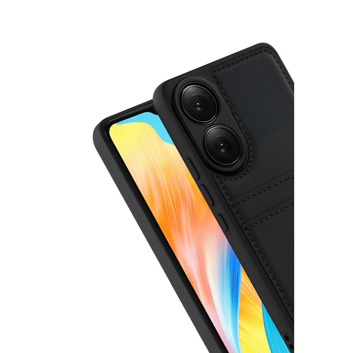 İki kamera lensli ve dikiş detaylı siyah telefon kılıfı.