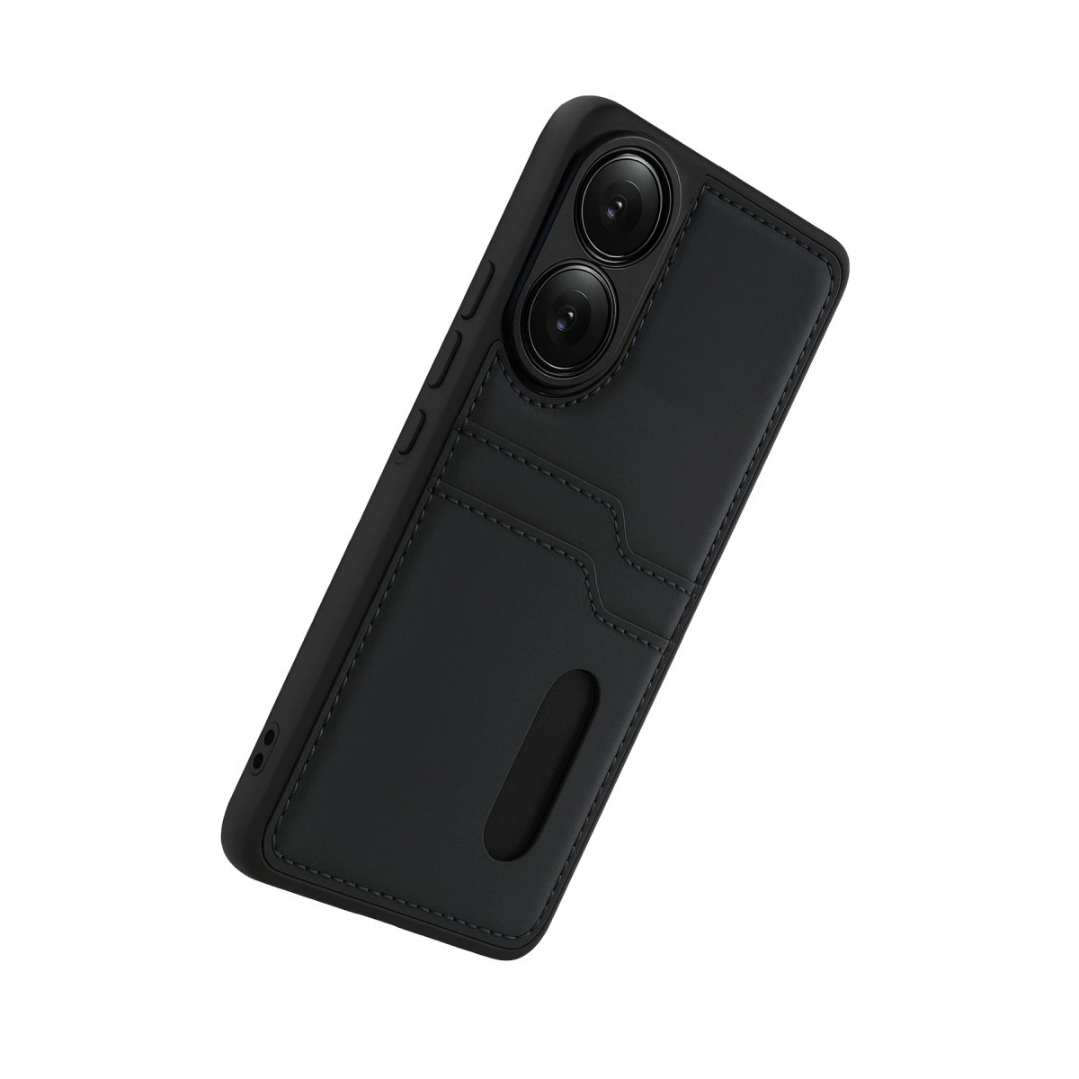 Kart yuvalı ve iki kamera lensli siyah telefon kılıfı.