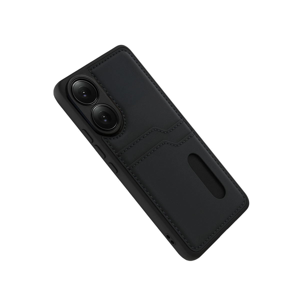 İki kamera lensli ve kart yuvalı siyah telefon kılıfı.