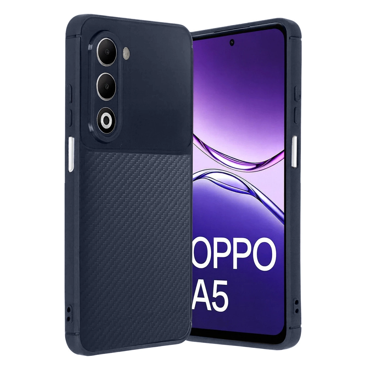 Karbon desenli arkaya sahip lacivert telefon ve ekranda OPPO A5 logosu.