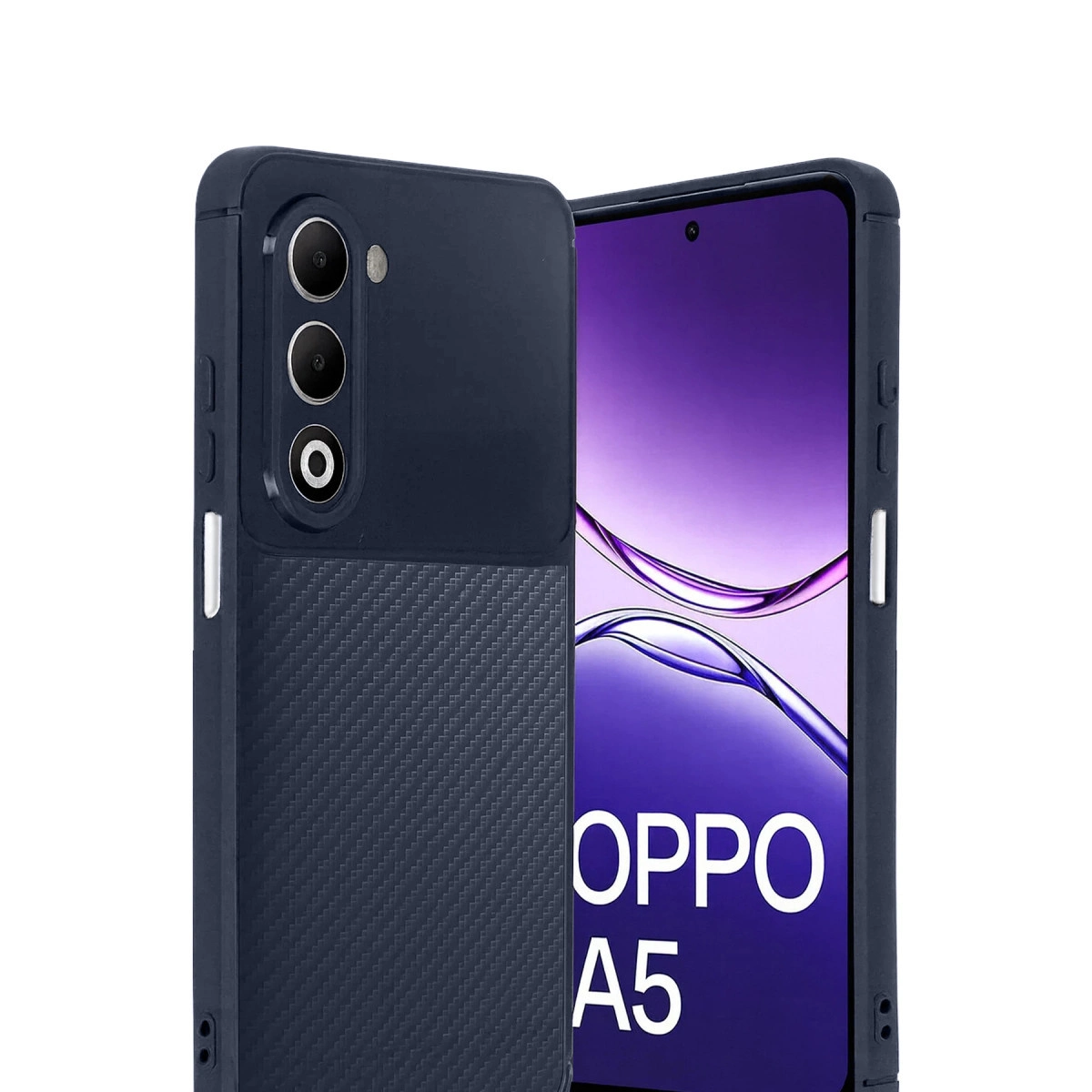 Üçlü kameraya ve karbon fiber dokuya sahip lacivert telefon.