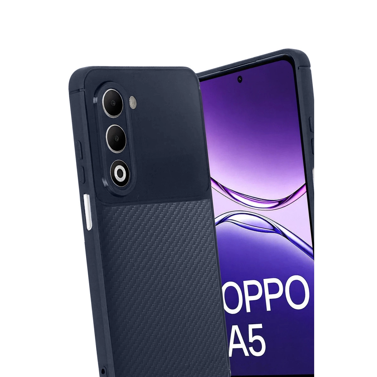 Karbon fiber dokulu lacivert telefon kılıfı, Oppo A5 telefonun yanında gösteriliyor.