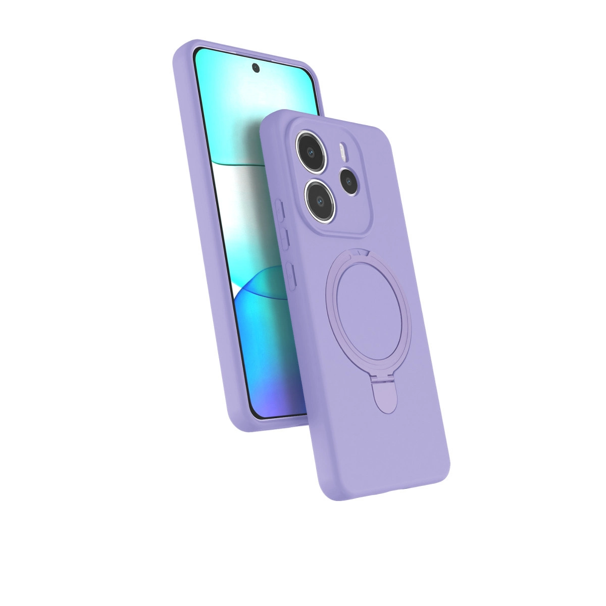 Halka tutuculu ve üç kameralı lavanta rengi telefon.