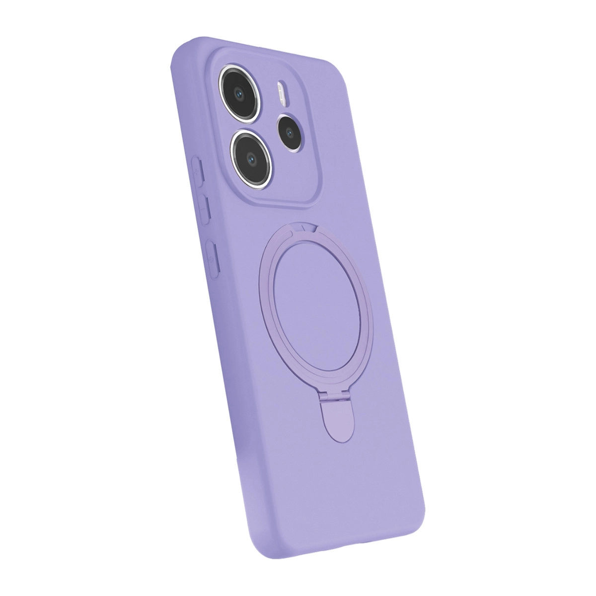 Halka tutuculu ve üç kamera lensli mor telefon kılıfı.