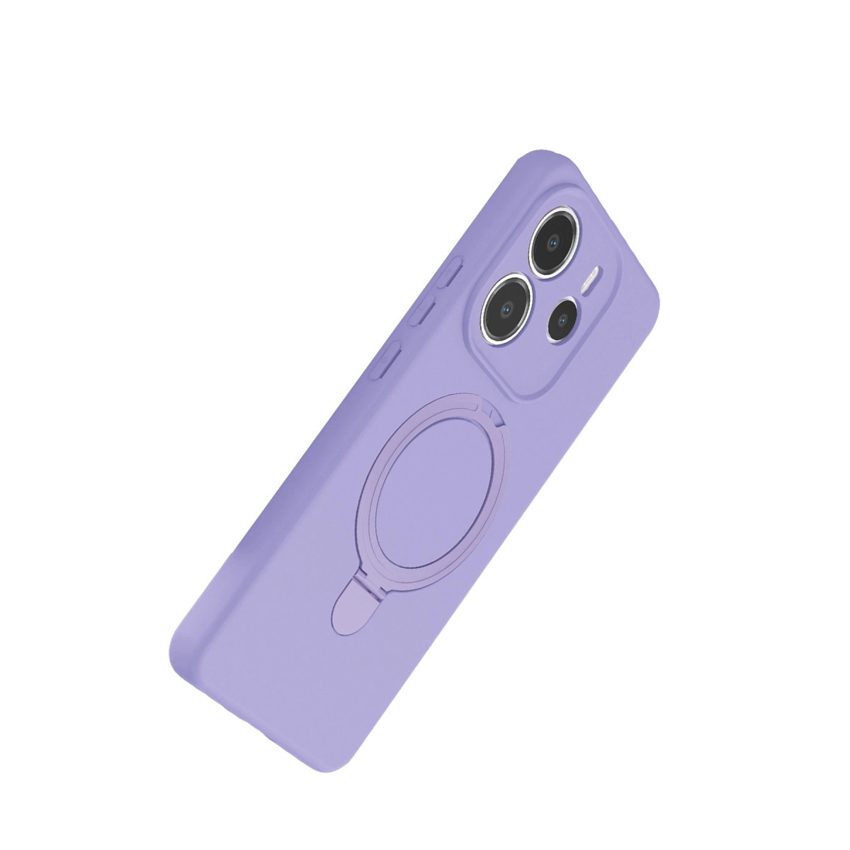 Halka tutuculu ve üç lensli açık mor telefon kılıfı.