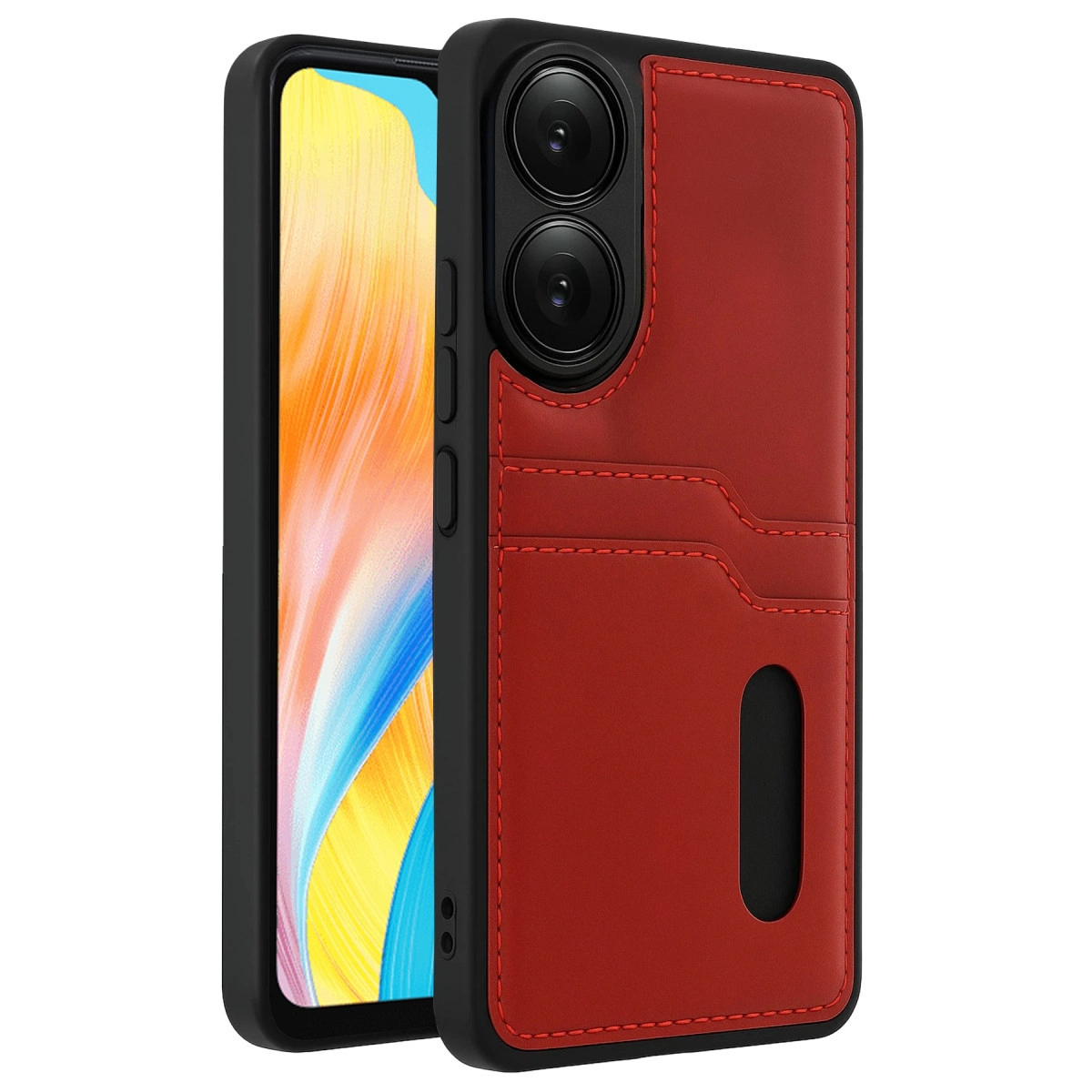 Renkli ekranlı telefonda kart yuvalı kırmızı deri telefon kılıfı.