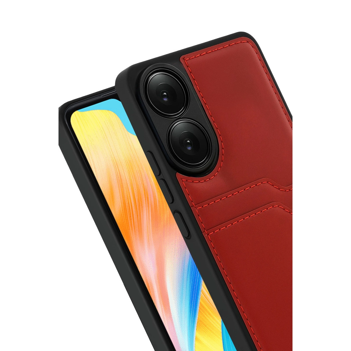Kart yuvalı kırmızı deri telefon kılıfı siyah bir telefonda gösteriliyor.