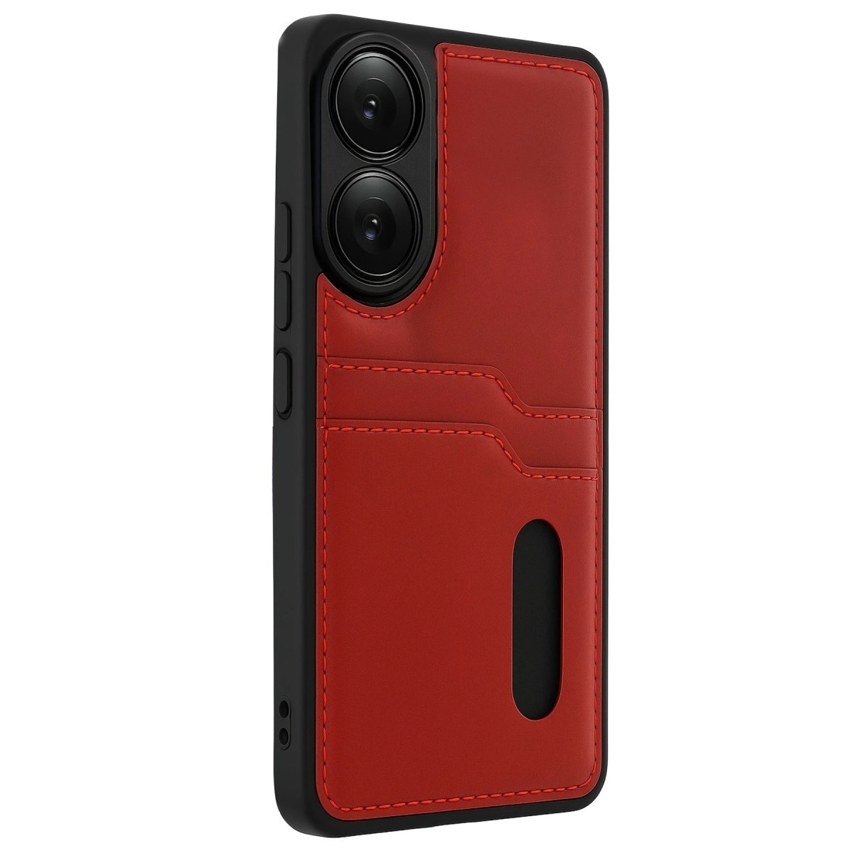 Çift kameralı ve kart yuvalı kırmızı telefon kılıfı siyah arka planlı.