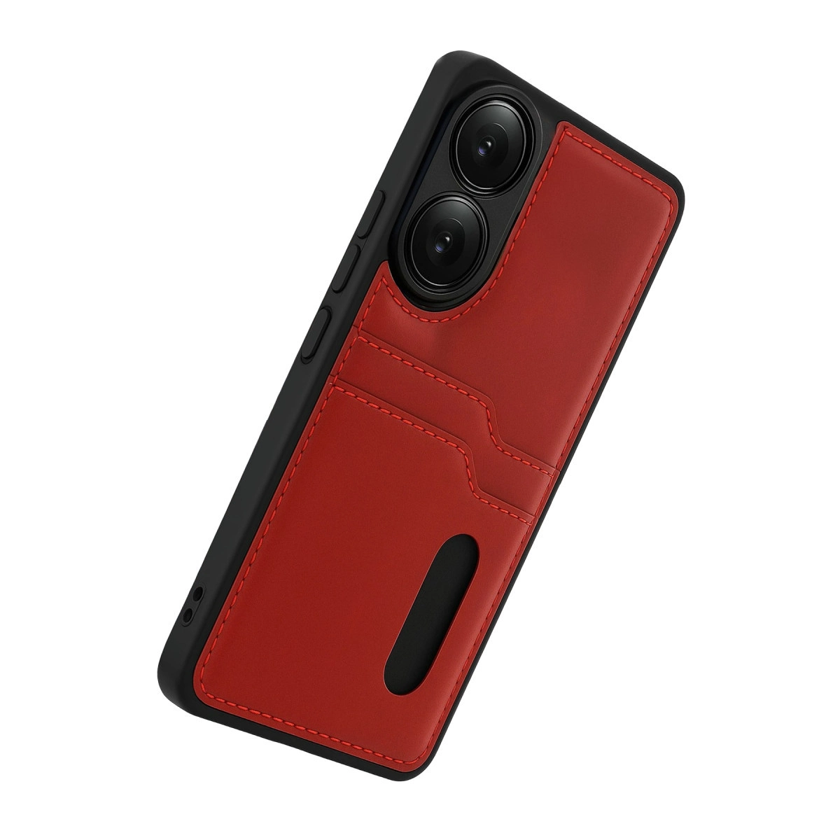 Çift kameralı ve kart yuvalı kırmızı telefon kılıfı beyaz arka planda.