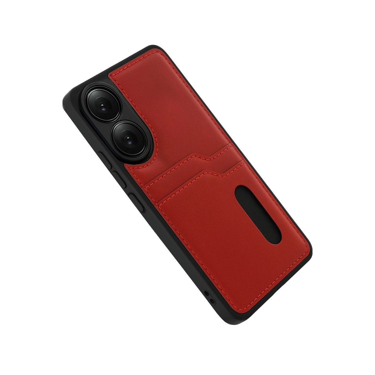 Kart yuvalı ve iki kamera lensli kırmızı telefon kılıfı.