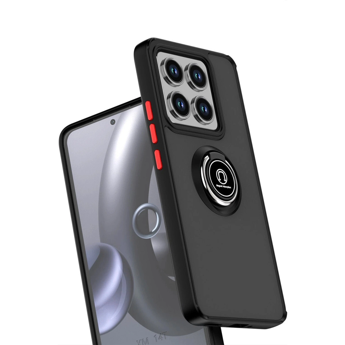 Halka tutuculu ve dört kameralı siyah telefon kılıfı, kırmızı düğmeler.