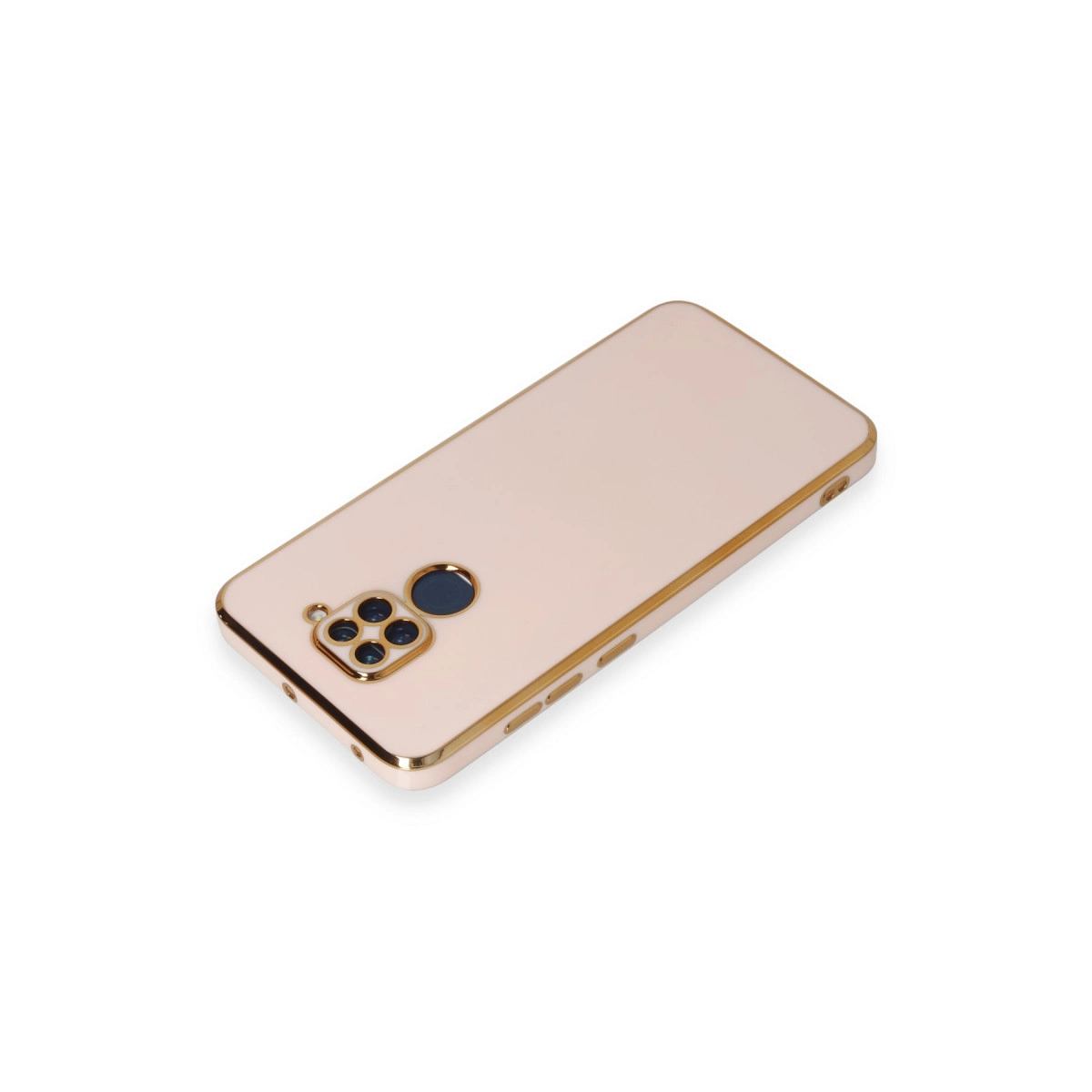 Altın kenarlı, pembe altın rengi telefon kılıfı beyaz zeminde.
