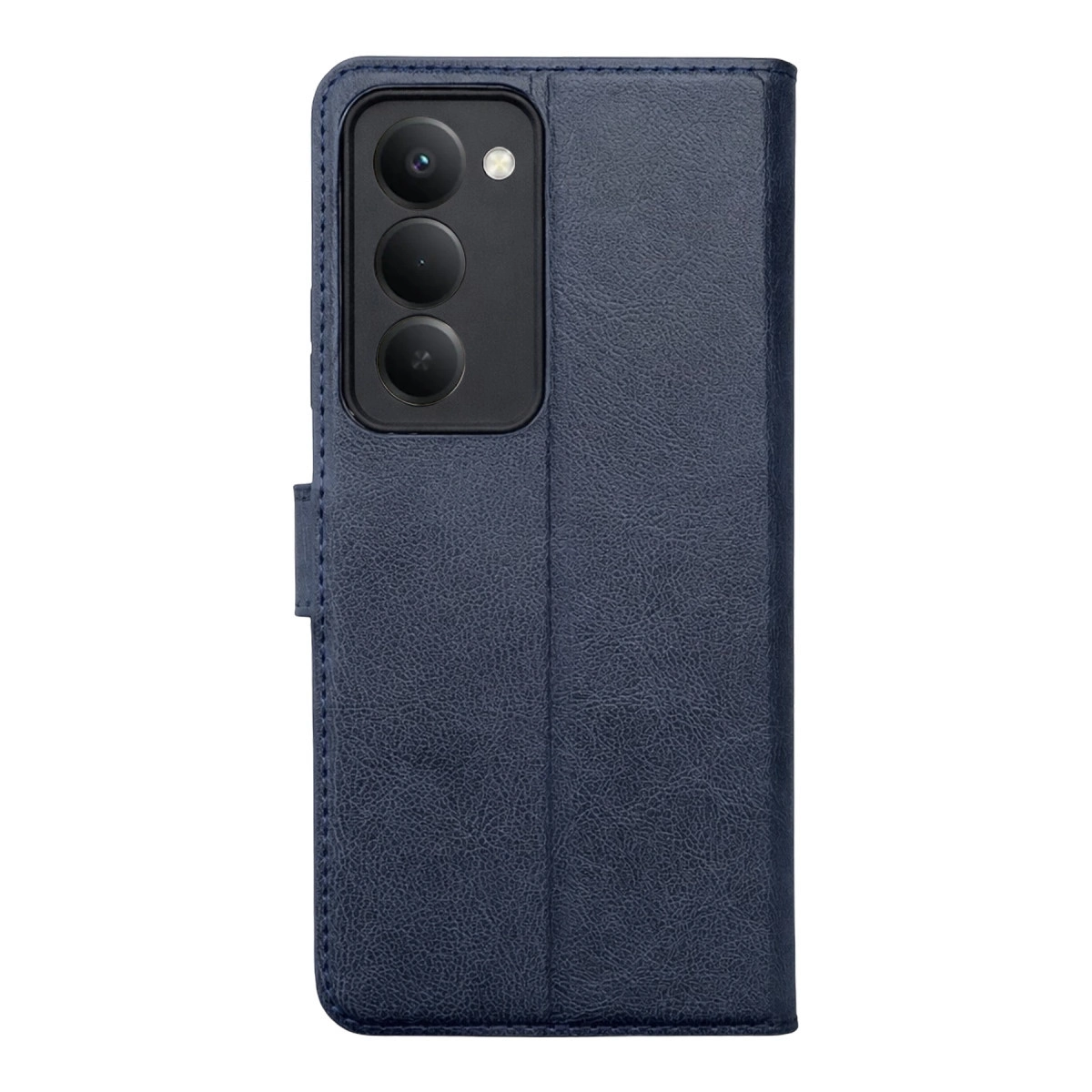 Kapalı, kamera grubunu gösteren lacivert telefon kılıfı.