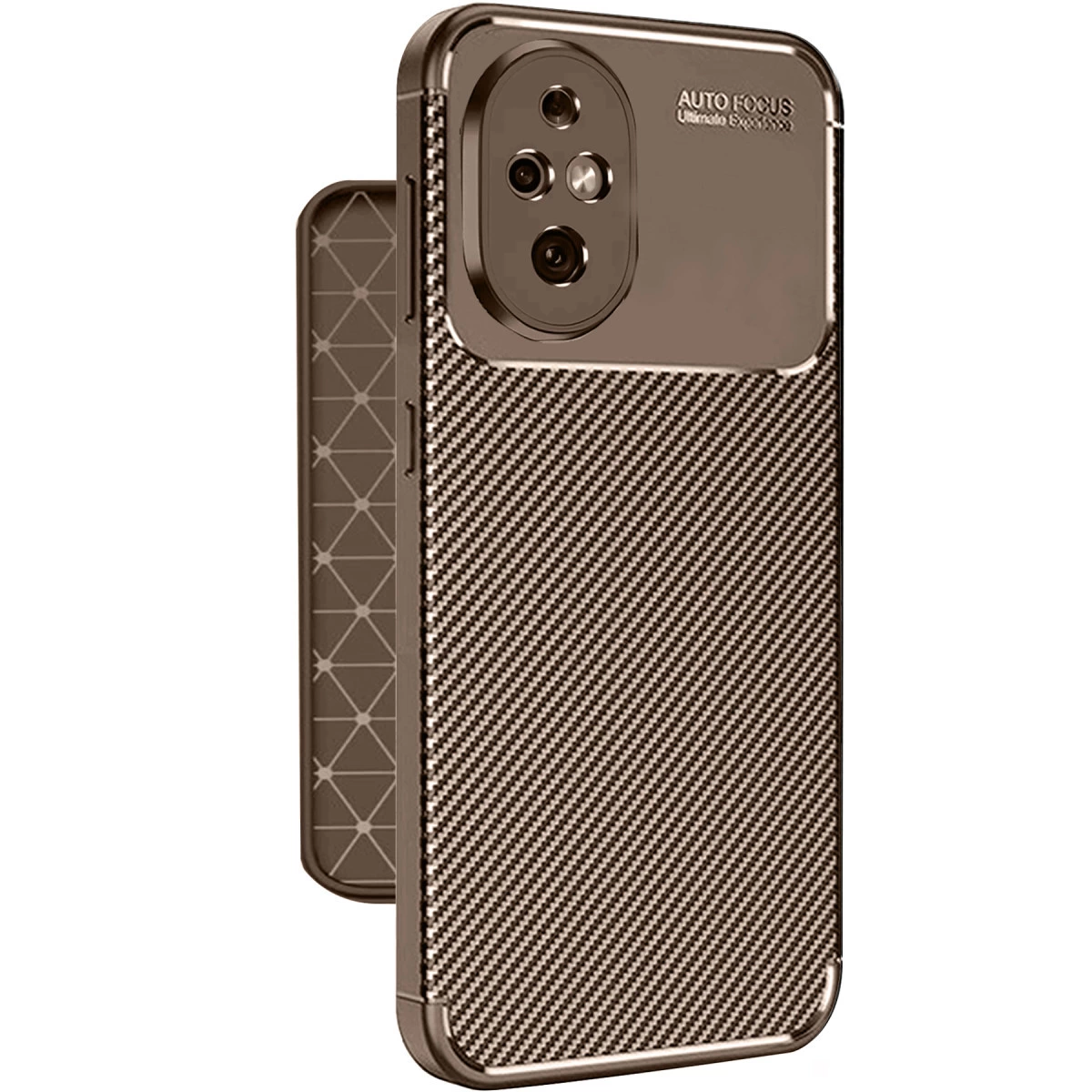 Karbon desenli ve kamera lensli kahverengi telefon kılıfı.